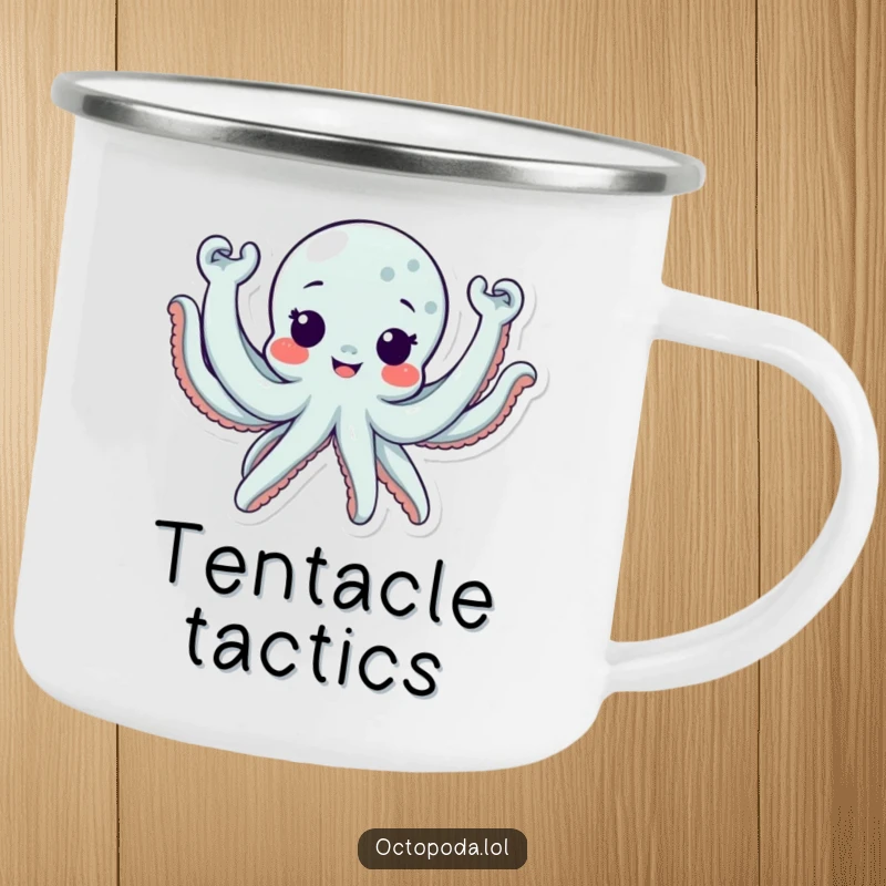 Funny Camping Mug depicting a cute octopus character waving all eight arms excitedly, perfect for outdoor fun.
