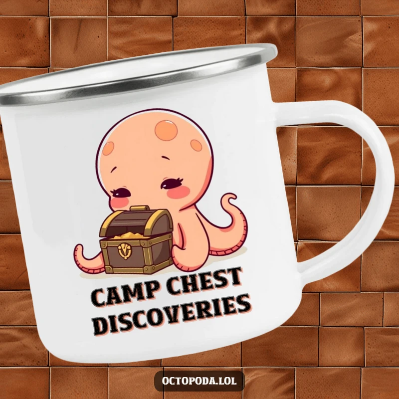 Funny octopus camping mug, a curious cephalopod sniffing a small treasure chest, durable for adventures, adding humor to campsites.