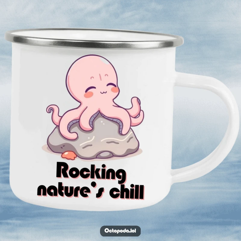 Funny camping mug featuring a relaxed octopus character lounging on a rock, designed for outdoor chill.