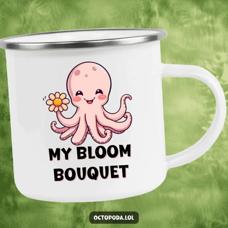 Funny camping mug featuring a happy octopus offering a flower with a tentacle, designed for outdoor enjoyment.