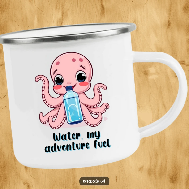 Funny camping mug with a smiling octopus squeezing a water bottle, perfect for outdoor activities and staying hydrated with a laugh.