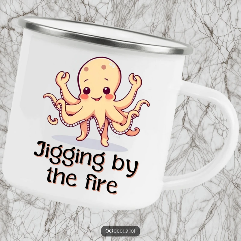 Funny Octopus Camping Mug: A wobbly, cute octopus character doing a silly jig with eight waving arms on an enamel mug.