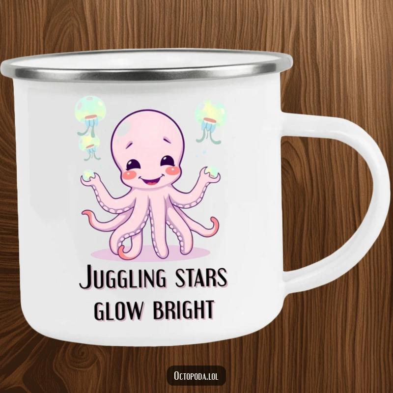 Funny camping mug featuring a giggling octopus juggling glowing jellyfish, perfect for outdoor enthusiasts who enjoy a laugh.