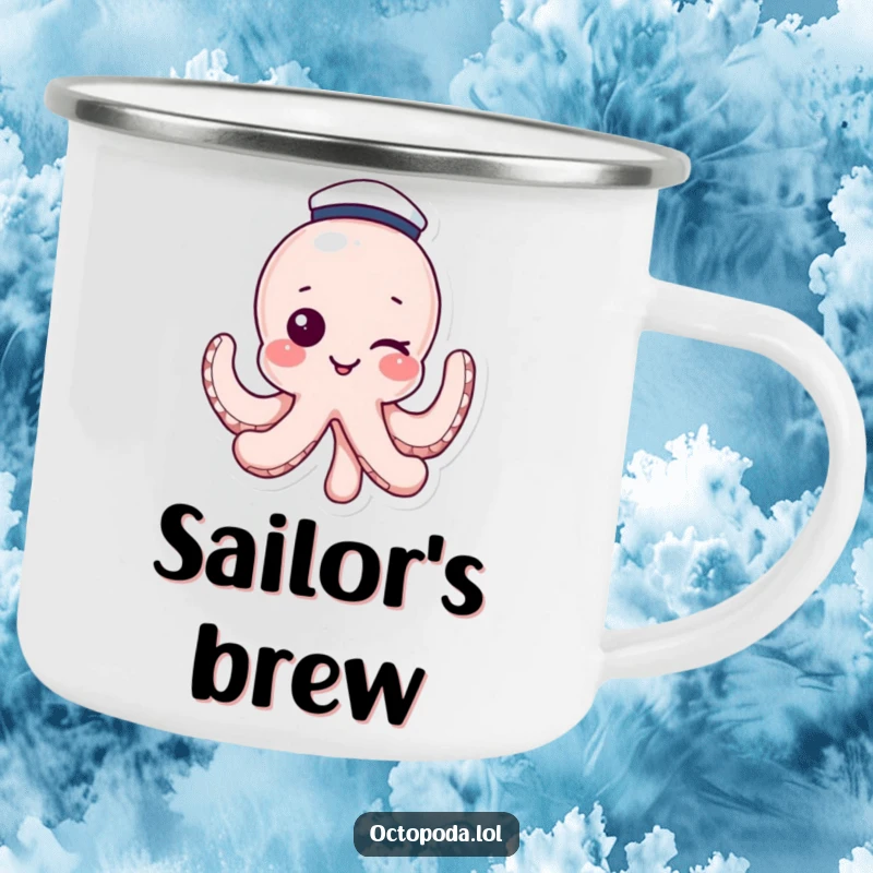 Funny camping mug with a winking octopus wearing a sailor hat, perfect for nautical outdoor fun. A humorous gift.