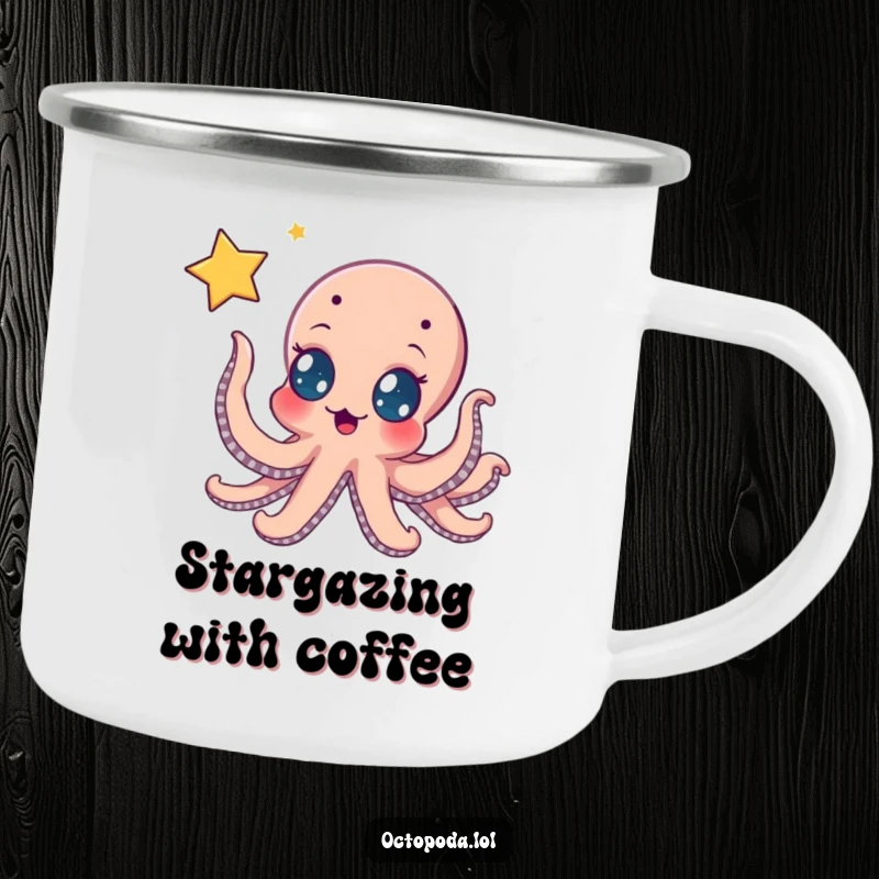 Funny camping mug: an excited octopus reaching for a beautiful, shimmering star, perfect for enjoying beverages under the night sky.