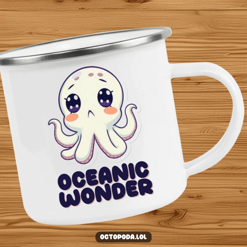 Funny camping mug with a surprised octopus character with wide eyes looking upwards, perfect for outdoor fun. A humorous gift.