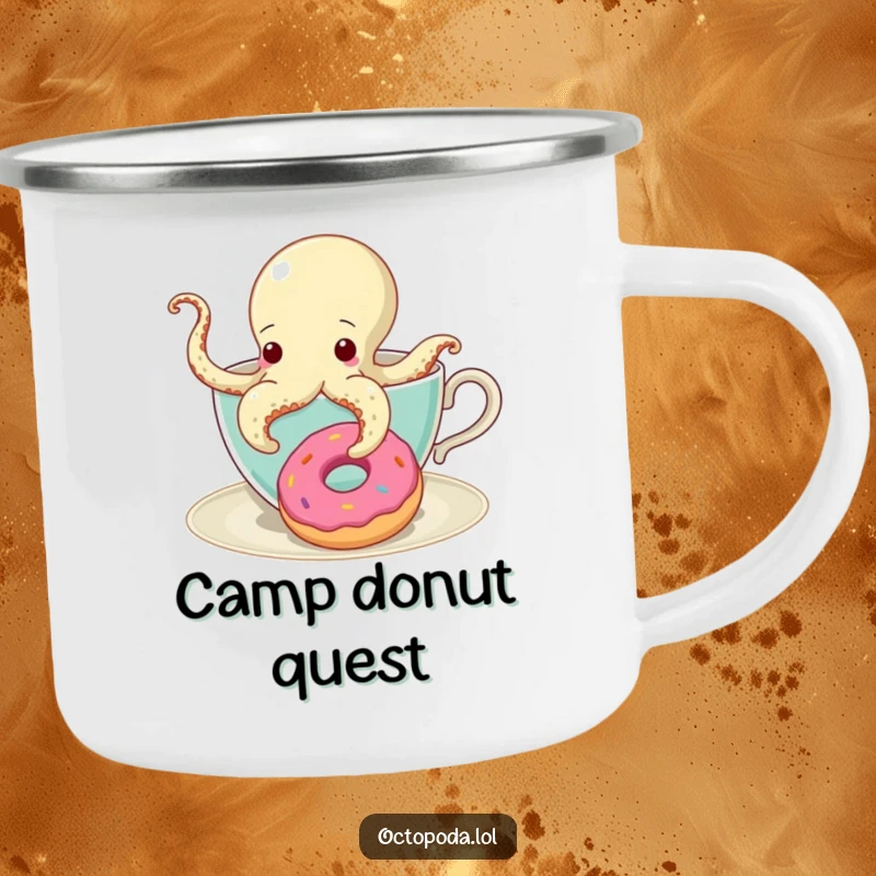 Funny Camping Mug featuring a curious octopus in a teacup reaching for a donut, perfect for snack-loving adventurers.