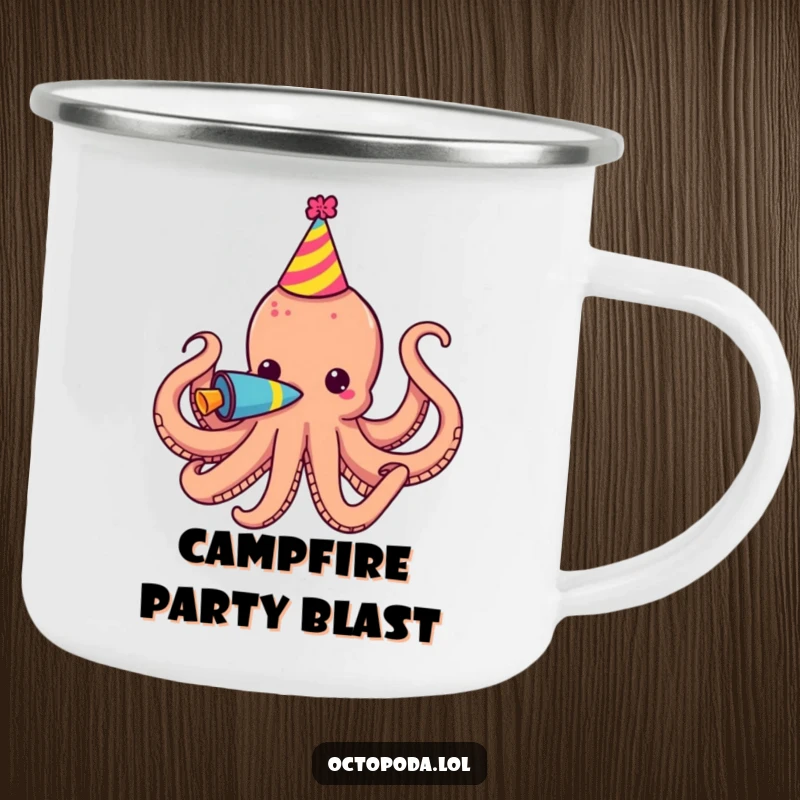 Funny Camping Mug featuring a party octopus blowing a colorful horn, perfect for outdoor celebrations.