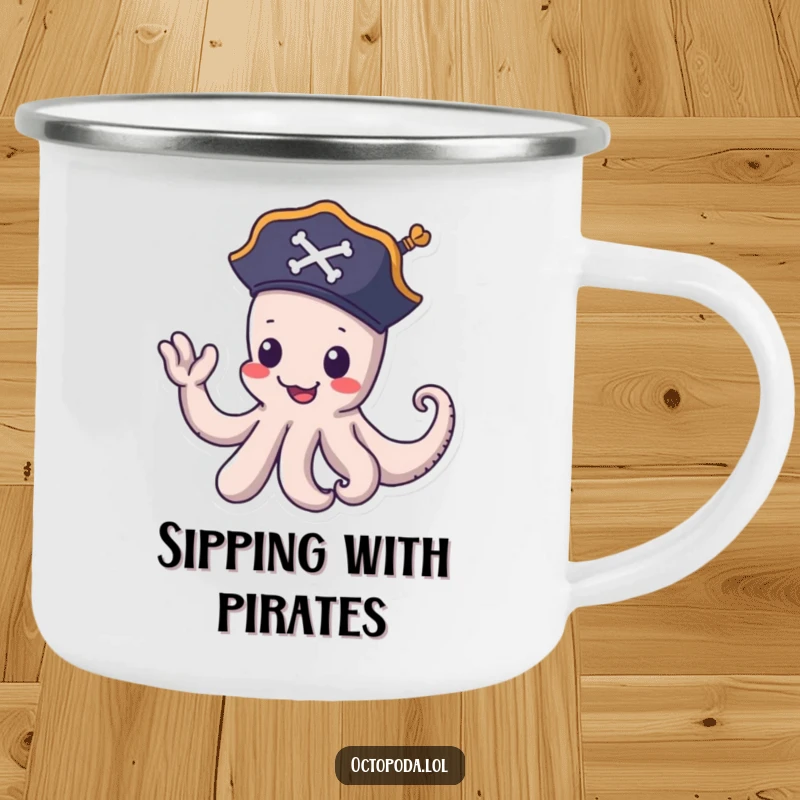 Funny pirate octopus camping mug: a playful octopus in a pirate hat waves goodbye with a tentacle, perfect for outdoor drinks and fun.