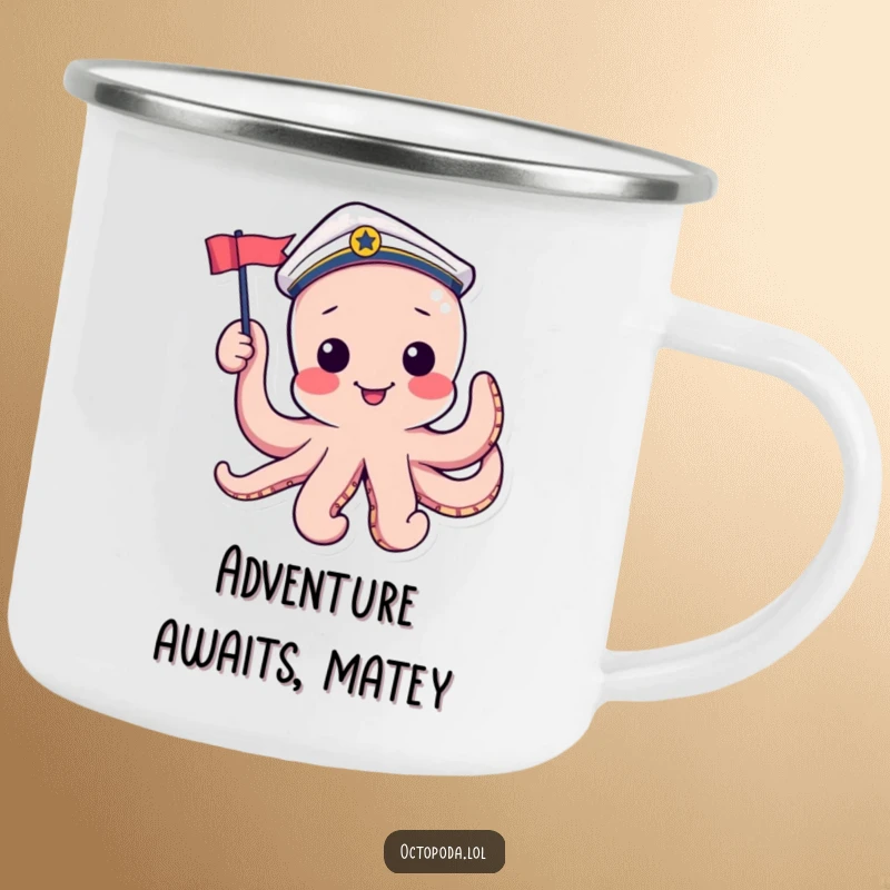 Funny camping mug with a playful octopus in a sailor hat waving a flag, ideal for outdoor use.