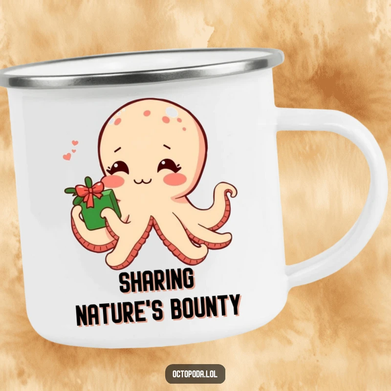 Funny camping mug with a shy blushing octopus offering a gift wrapped in seaweed, ideal for outdoor sweet moments.
