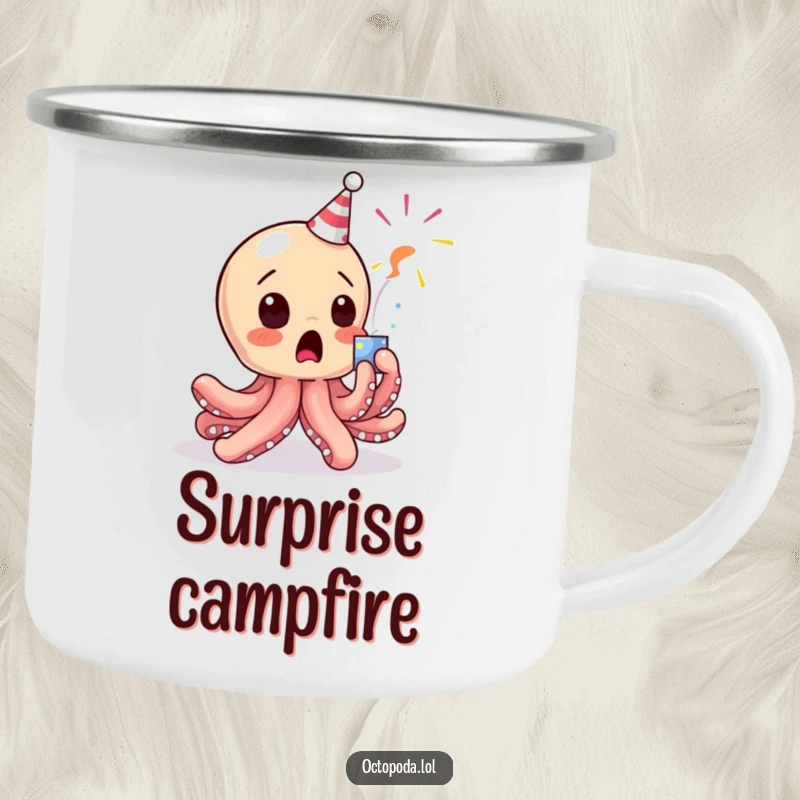 Funny Octopus Camping Mug: A baby octopus character comically startled by a popping party popper on an enamel mug.