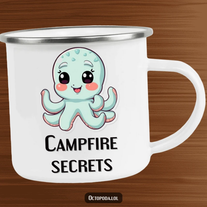 Funny octopus camping mug with a giggling octopus winking with all its eyes, perfect for adding humor to outdoor trips.