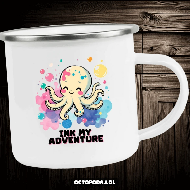 Funny camping mug with a cheerful octopus swimming through bubbles, leaving playful ink splatters, ideal for outdoor use.