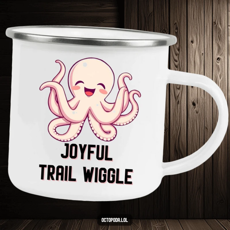 Funny camping mug depicting an octopus joyfully wiggling its tentacles, bringing happiness to outdoor settings.