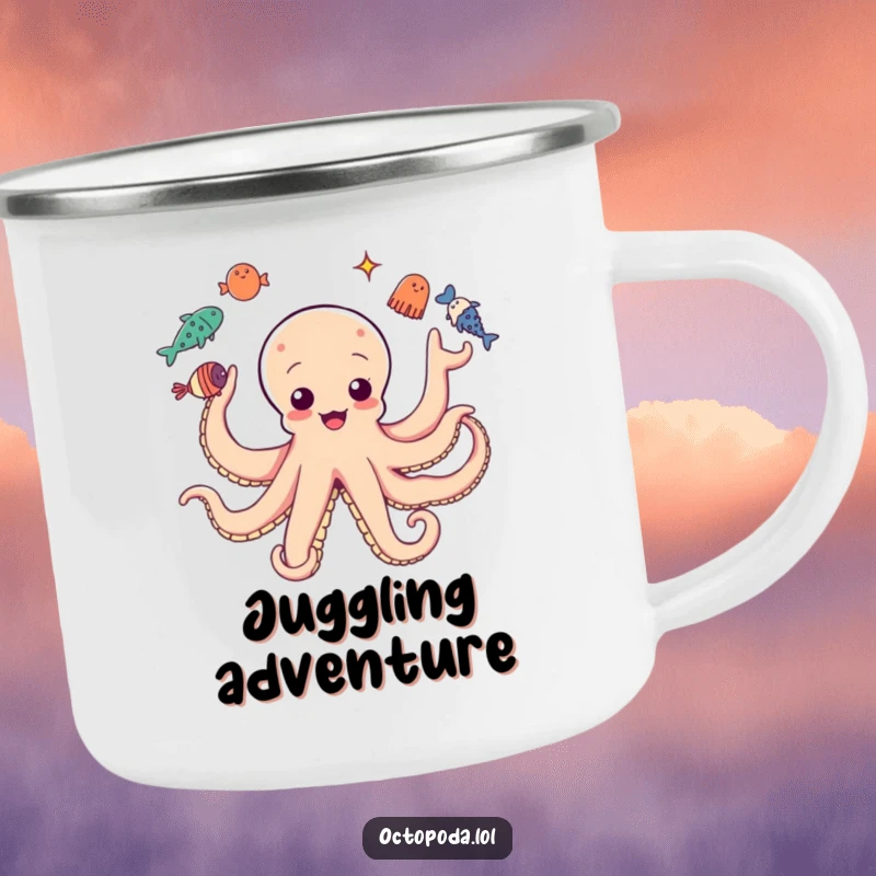 Funny camping mug: Octopus with multiple arms juggling sea creatures, durable and humorous.