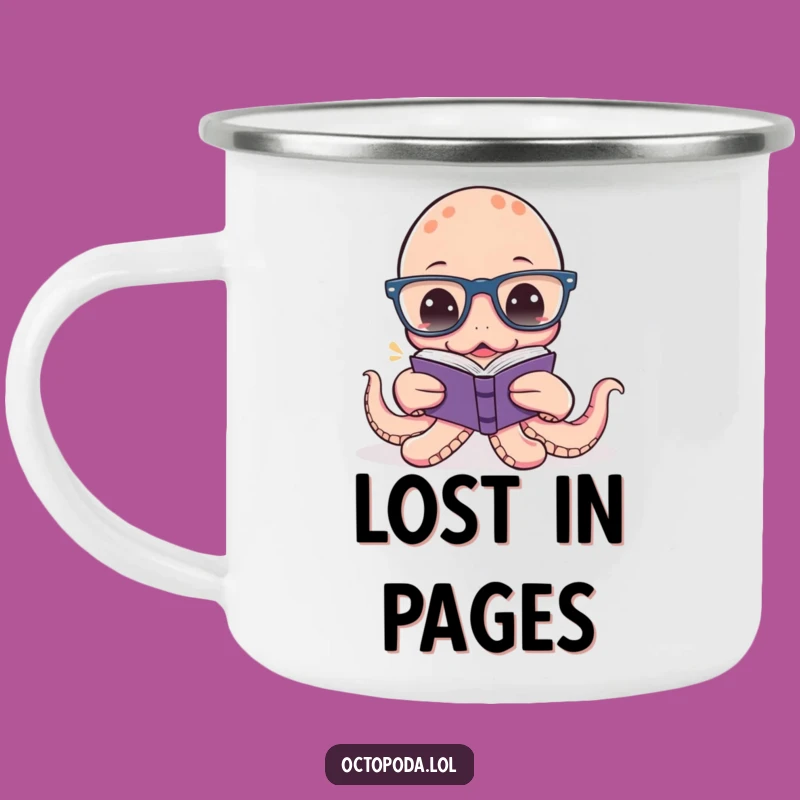 Funny Octopus Reading Camping Mug: Hilarious Spectacled Cephalopod Enamel Cup for Outdoor Bookworms