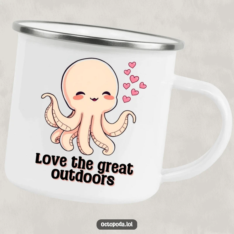 Funny camping mug with a baby octopus blowing heart-shaped ink clouds, perfect for outdoor lovers with a playful heart.