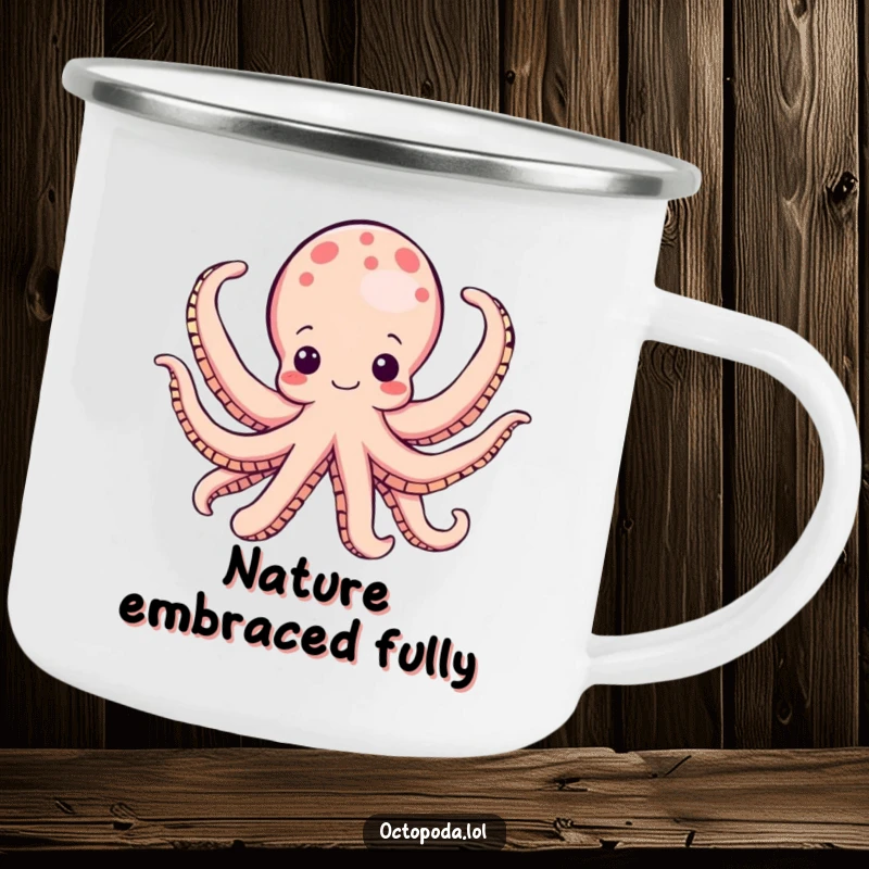 Funny octopus camping mug, a joyful cephalopod unfurling multiple arms, durable for adventures, adding humorous celebration to campsites.
