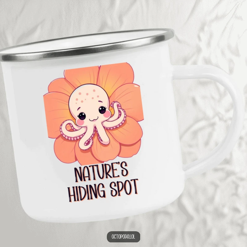 Funny Shy Octopus Camping Mug: A durable enamel mug featuring a shy octopus peeking from behind a flower, perfect for outdoor enthusiasts.