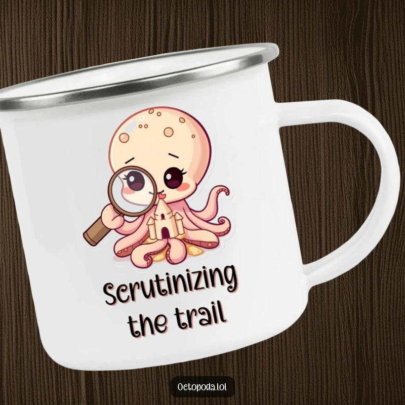 Funny camping mug featuring a baby octopus peering through a magnifying glass at a sandcastle, for the curious adventurer.