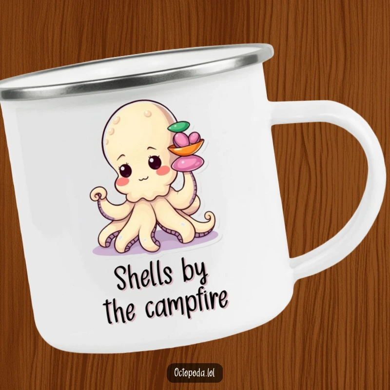 Funny camping mug with a determined little octopus character stacking colorful shiny shells with a tentacle, great for outdoors.