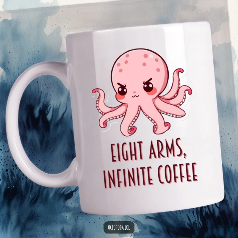 Funny Octopus Mug: A small, determined octopus swims with a focused, tiny expression, ready to take on any challenge.