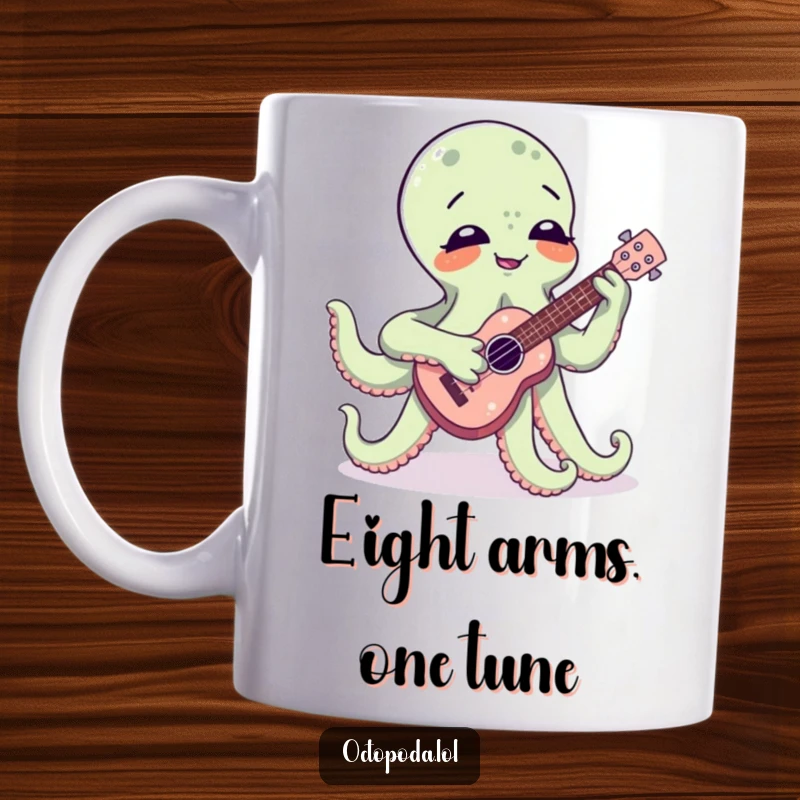 Funny mug with a giggling octopus comically attempting to play a miniature ukulele with all eight arms, showcasing musical chaos.