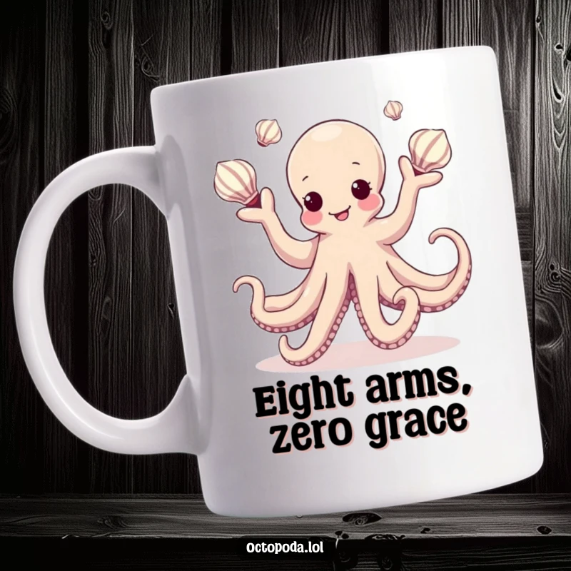 Funny Kawaii Octopus Mug where a cheerful cephalopod gracefully juggles colorful seashells, a delightful and artistic gift.
