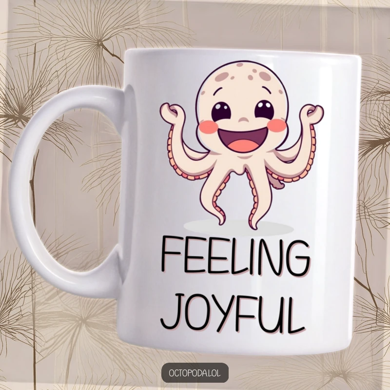 Funny Mug showcasing a very happy octopus with a wide grin, energetically dancing to express pure joy and infectious cheerfulness.