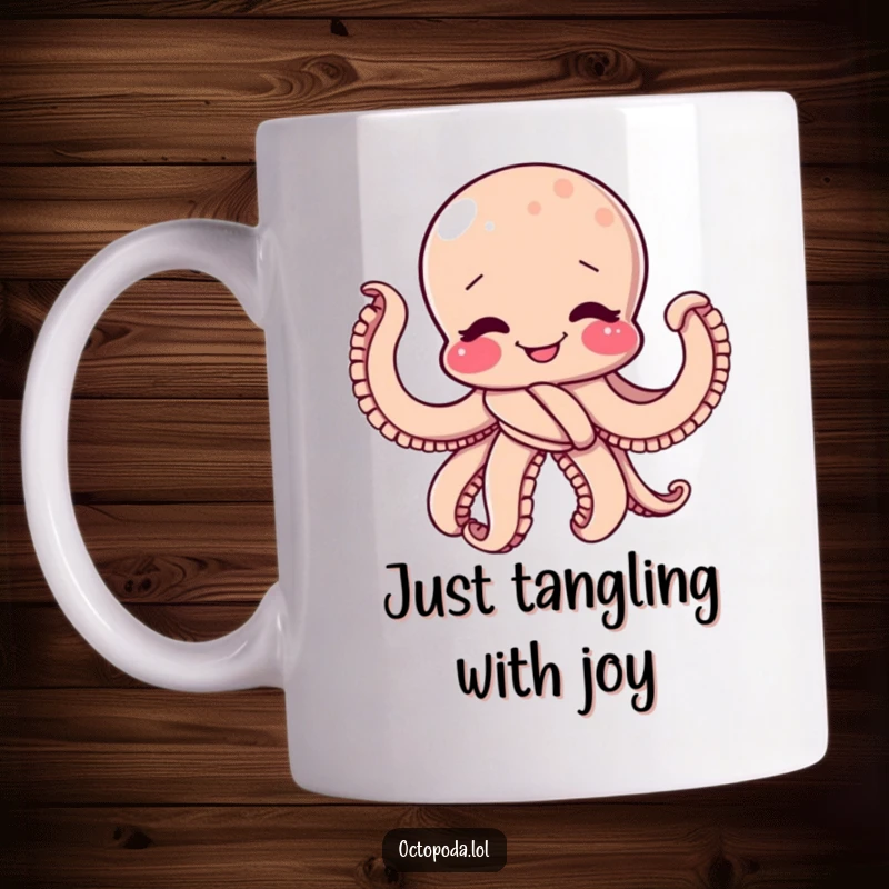 Funny Mug: A giggling octopus hilariously tied in a playful knot, wiggling with pure joy and mischief.