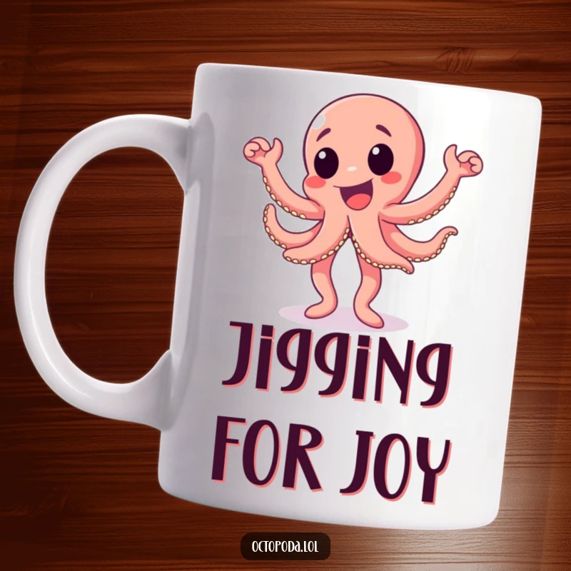 Funny octopus mug featuring an excited octopus character joyfully performing a happy dance, full of life and celebration.