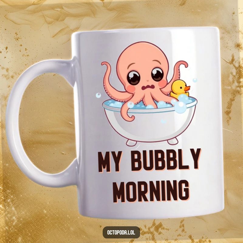 Funny Mug: Surprised octopus with wide eyes leaps from a bubble bath holding a rubber duck, evoking splashy, humorous fun for a gift.