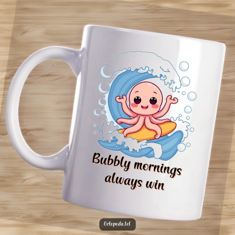 Funny mug: a cheerful octopus joyfully surfing on a massive wave made entirely of shimmering soap bubbles, looking exhilarated and playful.