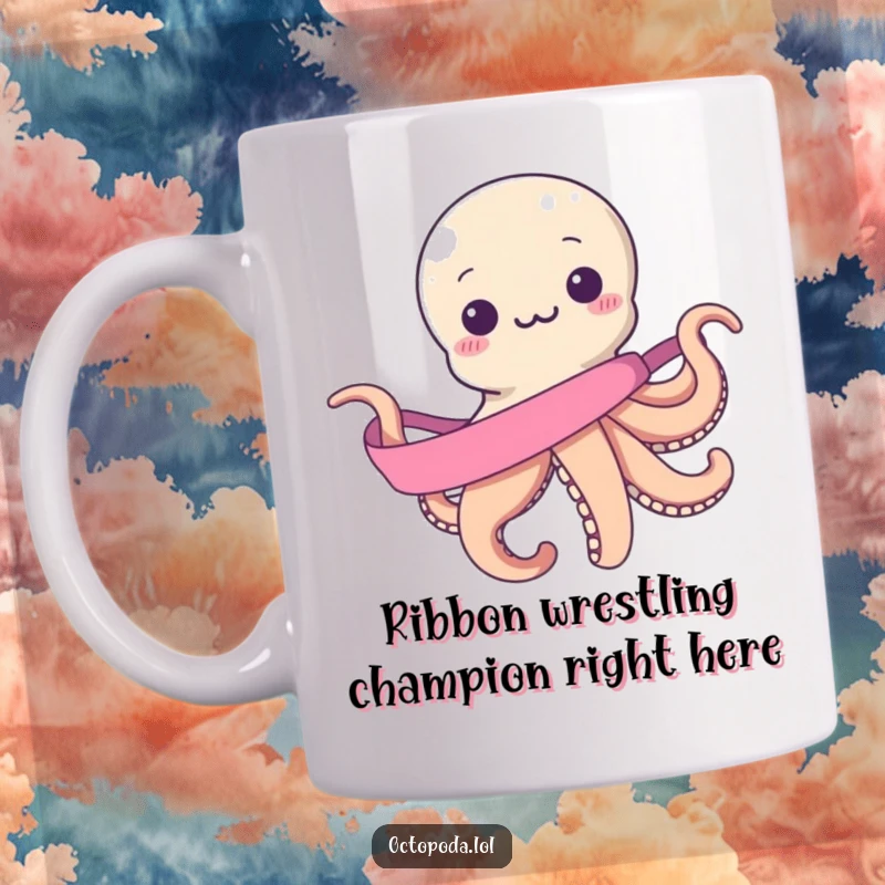 Funny mug: smiling octopus comically struggling to wrap itself completely in a single, never-ending ribbon. A symbol of ambitious but tangled efforts.