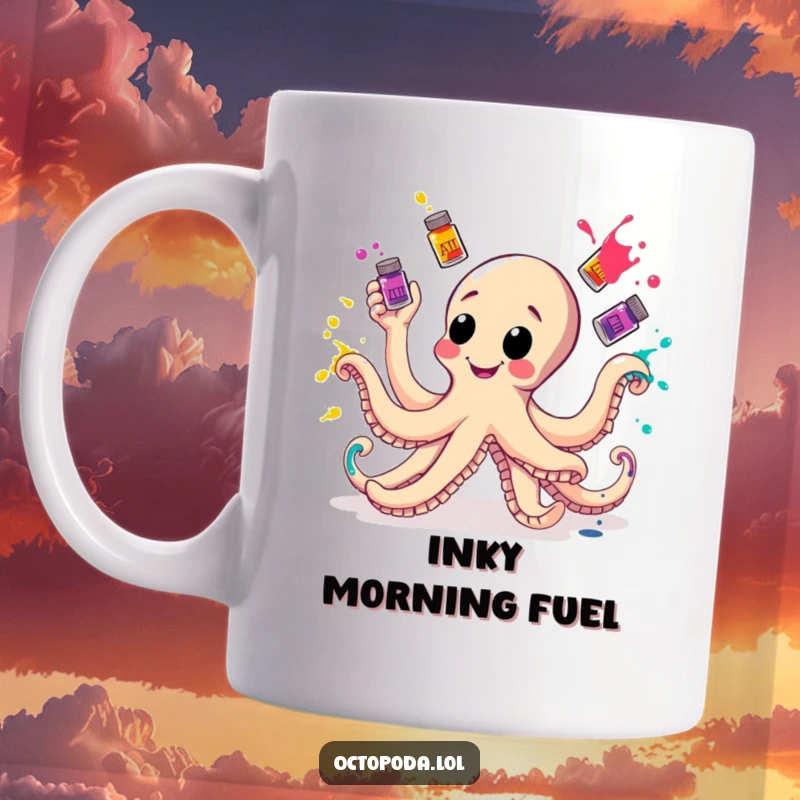 Funny Mug showing an octopus artistically juggling colorful ink bottles, with playful splatters all around.
