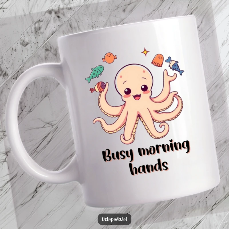 Funny octopus with many arms playfully juggling various sea creatures like fish, crab, and starfish, vibrant and humorous.