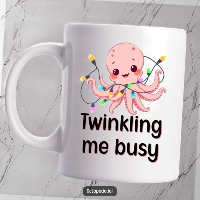 Funny mug showing a happy octopus comically entangled in a string of bright, colorful holiday lights, looking playful.