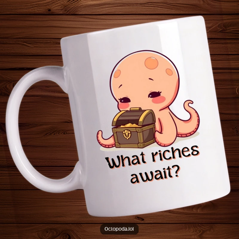 Funny octopus mug, a curious cephalopod sniffing a tiny treasure chest, seeking hidden wonders, evoking a sense of playful discovery.
