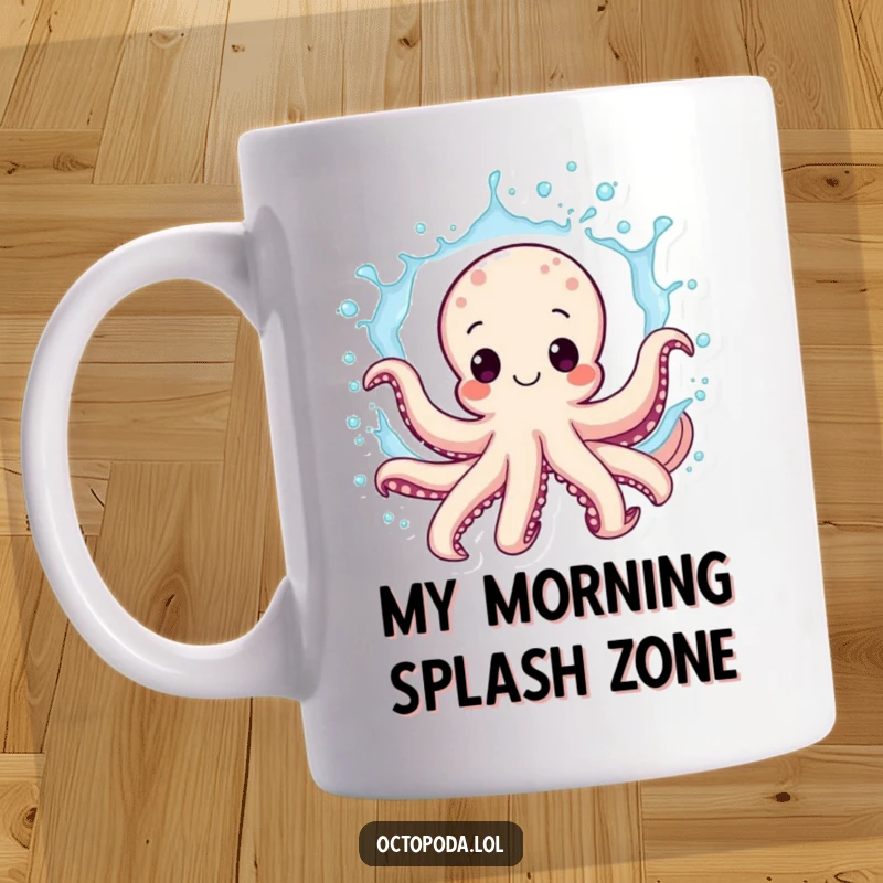 Funny octopus mug, a joyful cephalopod exuberantly splashing water, spreading happiness and aquatic fun, a perfect humorous gift.
