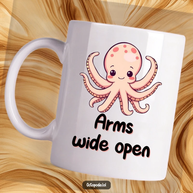 Funny octopus mug, a joyful cephalopod exuberantly unfurling all eight arms in celebration, radiating happiness and enthusiasm.