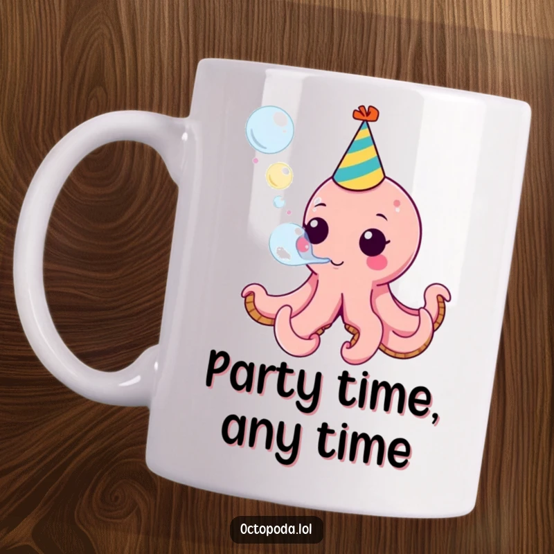 Funny mug featuring a cute octopus with a party hat blowing a vibrant bubble, symbolizing celebration and playful fun.