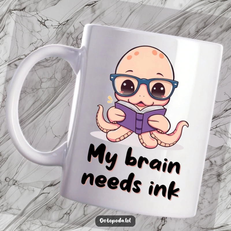 Funny Octopus Reading Mug: A playful cephalopod with oversized glasses struggles to read a miniature book, a comical scene for book lovers.