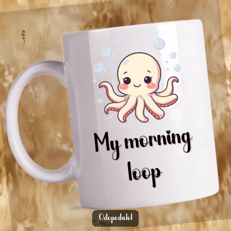 Funny octopus mug featuring a small, cheerful octopus swimming happily in a bubbly circle, evoking underwater fun and relaxation.