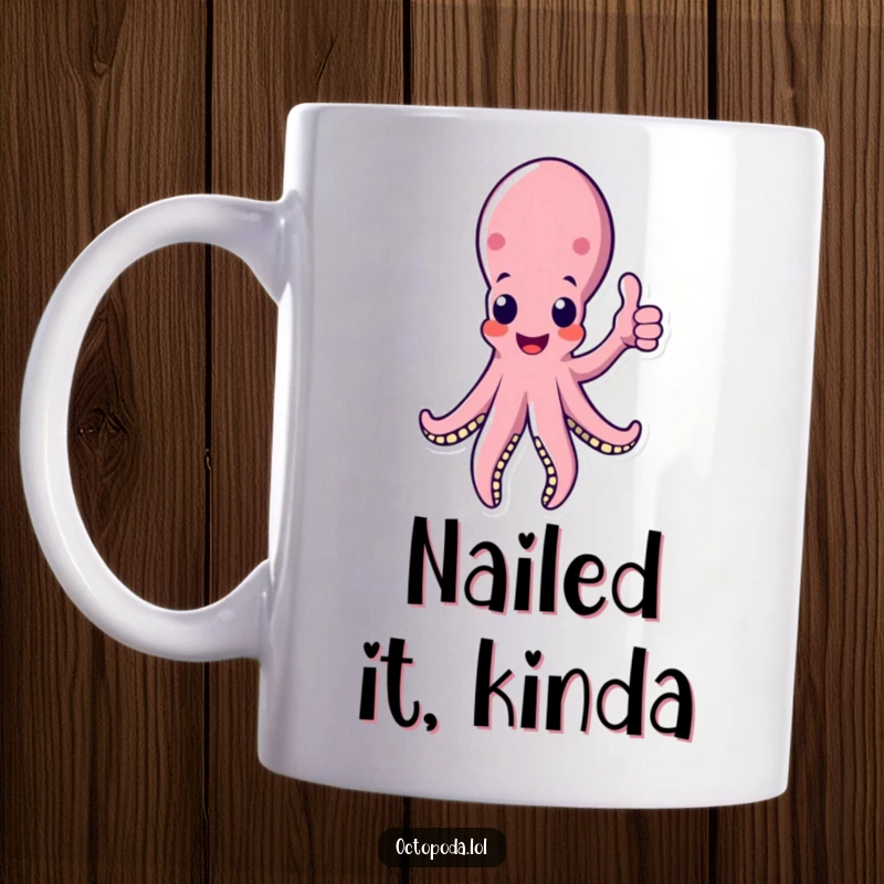Funny octopus mug featuring a cheerful tentacle giving a solid thumbs up, expressing positivity and support.