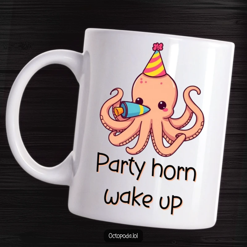 Funny Mug featuring an octopus wearing a party hat and blowing a colorful party horn with glee.