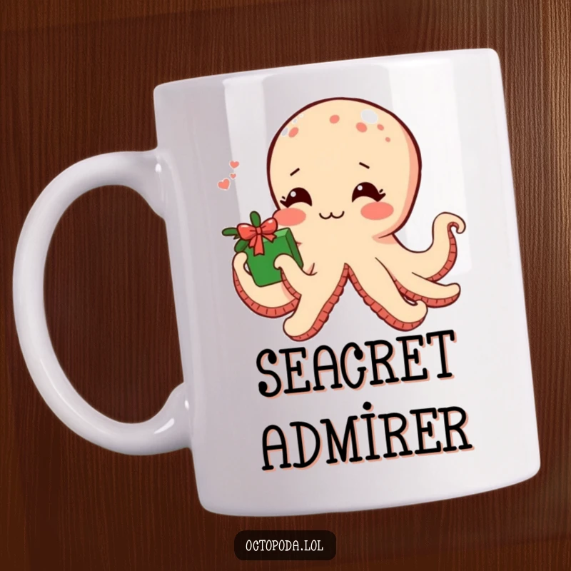 Funny mug with a shy octopus blushing and offering a seaweed-wrapped gift, conveying sweet, awkward affection.