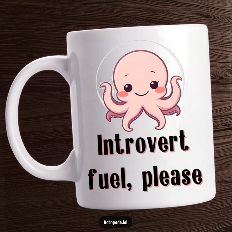 Funny mug showing a shy octopus peeking from behind a big, cheerful, smiling bubble, offering a playful hiding moment.