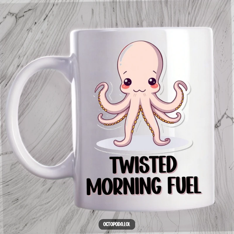 Funny Yoga Octopus Mug: A comical octopus contorts into a bizarre yoga pose, tentacles twisted hilariously, a funny gift for yoga lovers.