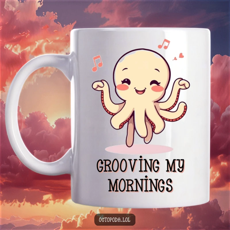 Funny Dancing Octopus Mug: A smiling octopus joyfully dancing with musical notes floating around, radiating pure happiness and rhythm.